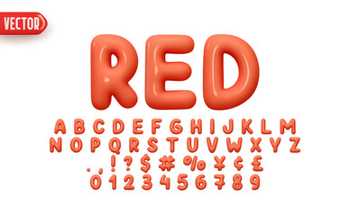 Poster - Red Font realistic 3d design. Complete alphabet and numbers from 0 to 9. Collection Glossy letters in cartoon style. Fonts voluminous inflated from balloon. Vector illustration