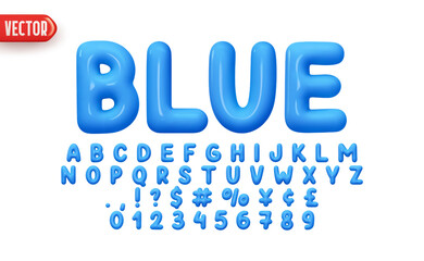 Poster - Blue Font realistic 3d design. Complete alphabet and numbers from 0 to 9. Collection Glossy letters in cartoon style. Fonts voluminous inflated from balloon. Vector illustration