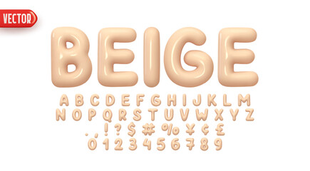 Poster - Beige Font realistic 3d design. Complete alphabet and numbers from 0 to 9. Collection Glossy letters in cartoon style. Fonts voluminous inflated from balloon. Vector illustration