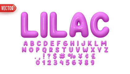 Poster - Font realistic 3d design, lilac colors. Complete alphabet and numbers from 0 to 9. Collection Glossy letters in cartoon style. Fonts voluminous inflated from balloon. Vector illustration
