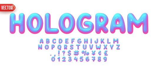 Poster - Font realistic 3d design, hologram gradient colors. Complete alphabet and numbers from 0 to 9. Collection Glossy letters in cartoon style. Fonts voluminous inflated from balloon. Vector illustration