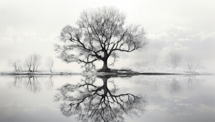 Wall Mural - Picturesque view of leafless lonely tree growing and reflecting in lake