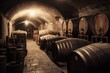 An image of a brewery cellar with barrels filled with wine or beer. Generative AI