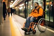 Photo of a man in a wheelchair using an accessible public transportation service. Generative AI