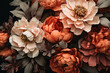 A lush composition of flowers with dark foliage. Apricot Crush color trend. Floral beauty concept. Design for nature promotions, banner, or backdrop