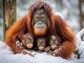 Wall Mural - A Photo of an Orangutan and Her Babies in a Winter Setting