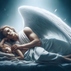 Wall Mural - Angel protecting sleeping child