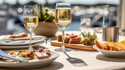 Champagne on a Khaki Table Outside in Harbour on Selective Focus Background