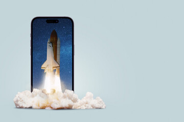 Aufkleber - Space rocket overflow lift off from smartphone with cloud of smoke, creative idea. Application and marketing, advertising, concept. Acceleration and successful startup. Successful launch