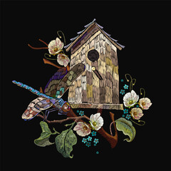 Wall Mural - Bird house, white flowers and colorful dragonflies. Garden art. Classical embroidery. Template fashionable clothes, t-shirt design