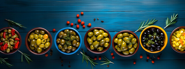 Sticker - Assortment of fresh olives with different colors in bowls with rosemary branches on blue wooden background. Top view.