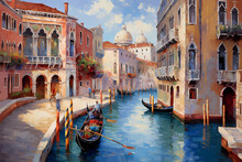 Picturesque Venetian Canal With Gondola And Historic Architecture In Vibrant Oil Painting Style
