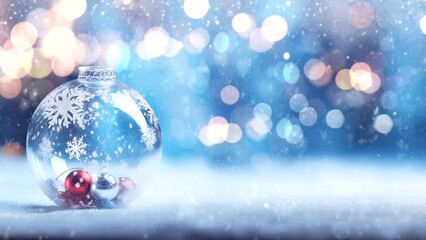 Wall Mural - A Christmas bauble lies in the snow. Animated lights and snow. Loop animation. One minute.