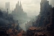 Ruined city covered in fog. Generative AI