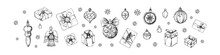 Set Of Merry Christmas Snd Happy New Year Decoration. Christmas Tree Balls, Angel Figure, Stars And Gift Boxes In Sketch Style. Design For Greeting Cards, Certificates, Holiday Invitations