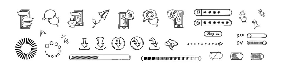 Doodle using smartphone design elements. Password verification, notifications on, battery charger indicator, loading bar, download icons. Robot chatbot and artificial intelligence skech illustration