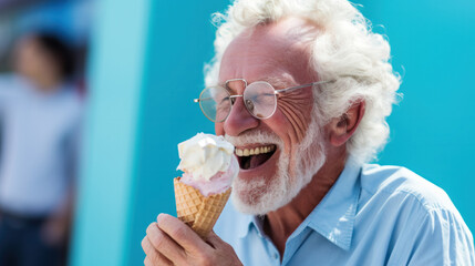 Happy senior man eating ice cream at studio background