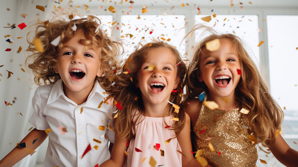 group of childs dancing and cheering about confetti shower at a birthday party