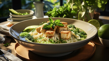 Wall Mural - Thai Green Curry with Noodles and Crispy Breaded Tofu Served in a White Bowl on Blurry Background
