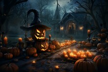 Spooky Halloween Party With Scary Pumpkins, Ghostly Figures, And A Haunting Forest. Dive Into The Nightmare And Experience The Fright Of This Creepy Holiday Gathering. Generative AI
