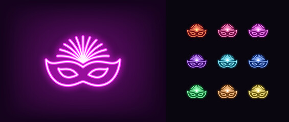 Poster - Outline neon carnival mask icon set. Glowing neon Carnival mask sign with feathers. Festival costume and face decoration. Facial mask for Brazil carnival, Mardi Gras, Venice masquerade. Vector icons
