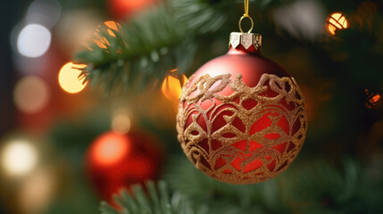 Canvas Print - Close up of a beautiful ball on decorated Christmas tree. Christmas and New years eve background.