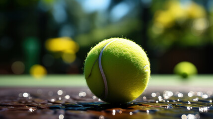 Closeup of A Tennis Ball on the Field or Ground in The Tennis Court Blurred Background