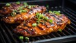 Grilled teriyaki honey ginger chicken breast on a grill pan with green onions
