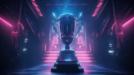 The esports winner trophy standing on the stage in the middle of the arena of the computer video game championship. Two rows of PCs for competing teams. Stylish neon lights with a cool design