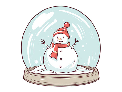 Drawing of Illustration of isolated snowman in snow globe on white illustration separated, sweeping overdrawn lines.