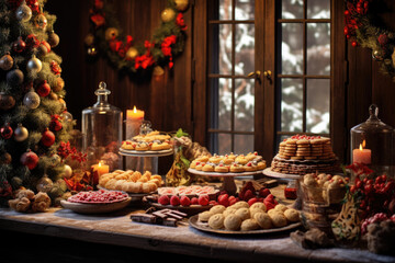 Thanksgiving Food and Dessert for party invitation, Christmas party celebration with dinner meal on table, Happy new year and Xmas scene, wooden table full of food and treats.