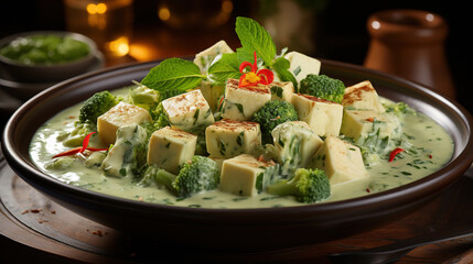 Wall Mural - A Bowl of Creamy and Aromatic Thai Green Curry with Vegetables and Tofu on Selective Focus Background
