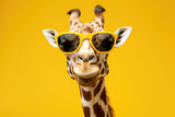 Fototapeta Natura - Funny giraffe with sunglasses on yellow background with copy space