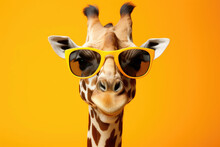 Funny Giraffe With Sunglasses On Yellow Background With Copy Space