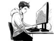 Drawing of Student is gaming on a desktop computer pc illustration separated, sweeping overdrawn lines.
