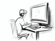 Drawing of Student is gaming on a desktop computer pc illustration separated, sweeping overdrawn lines.