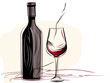 Drawing of Stylized image - bottle of wine and glass illustration separated, sweeping overdrawn lines.