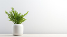 A Vibrant Green Plant With Lush Leaves Is Elegantly Placed In A White Ceramic Vase Against A Minimalist White Background.