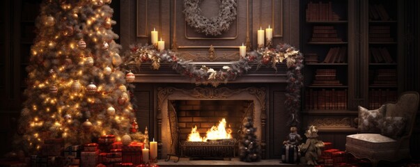 Wall Mural - Christmas tree with decorations Near a blur fireplace in house. Generative ai