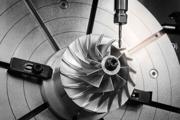 Poster - Manufacturing CNC professional lathe machine witgh turbine, impeller.  Industrial concept.