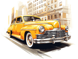 Wall Mural - Drawing of Vintage yellow taxi in New York illustration separated, sweeping overdrawn lines.