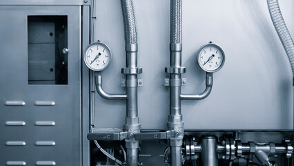 Poster - Pressure gauges mounted on the pipeline. Measuring instruments for pressure control. Industrial concept