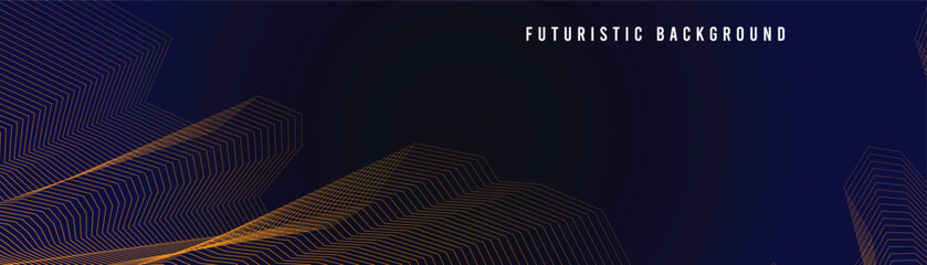 Poster - 3D blue luxurious techno abstract background overlap layer on dark space with orange lines shape decoration.