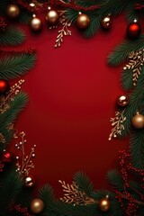 Wall Mural - Christmas with fir branches and decoration ornament on red backround banner. Generative ai