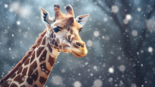 Photo Of A Giraffe Near A Tree In A Winter Forest.