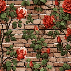 Poster - Brick Wall and Climbing Roses Pattern
