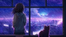A Young Woman And A Cat Watching The Heavy Rain Outside The Window. Looped Wallpaper