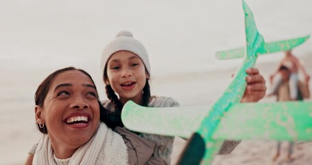 Canvas Print - Airplane, fun and family at the beach with games, bonding and playing on vacation together in nature. Love, freedom and children with parents at the ocean with plane, flying and piggyback on sea trip