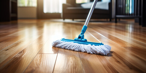 Close-up of a mop on a parquet floor in a room. Cleanliness and cleaning of the house