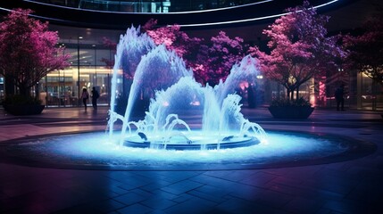 Wall Mural - A fountain in the center of the mall, integrated LED lights changing its hue every few minutes.